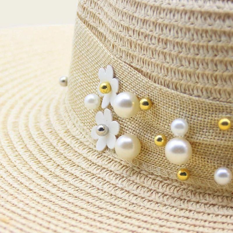 Naisten Olki Yksivärinen Elegantti Big Brim Pearl Bowknot Aaltoileva Reuna Visiiri Aurinkohattu Beach Hat Bucket Hat