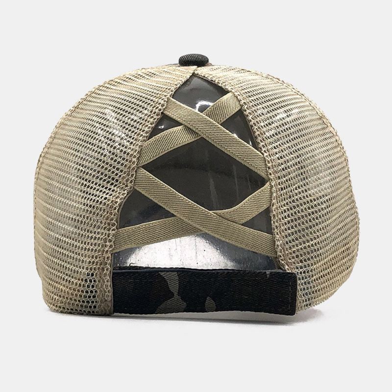 Unisex Camouflage Stretch Fit Cap Mesh Hengittävä Trucker Hat Cross Ponytail Baseball Cap