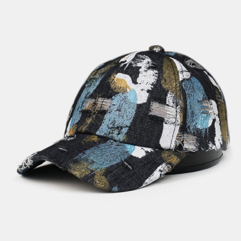 Unisex Cotton Denim Hole Graffiti Design Street Travel Wild Sunshade Baseballhattu