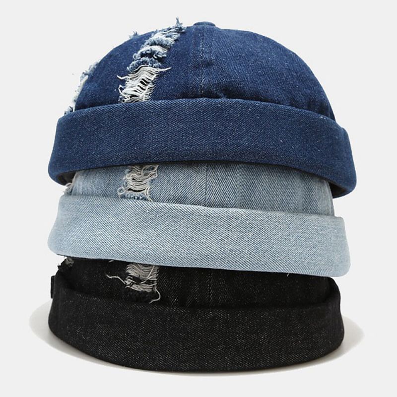 Unisex Denim Broken Holes Made-vanha Muoti Outdoor Brimless Beanie Landlord Cap Skull Cap