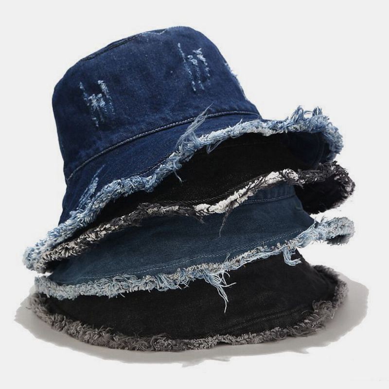 Unisex Denim Kokoontaitettava Rikki Reikiä Tupsu Tehty Vanha Retro Muoti Ulkoilu Aurinkovarjo Ämpäri Hattu