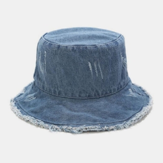 Unisex Denim Kokoontaitettava Rikki Reikiä Tupsu Tehty Vanha Retro Muoti Ulkoilu Aurinkovarjo Ämpäri Hattu