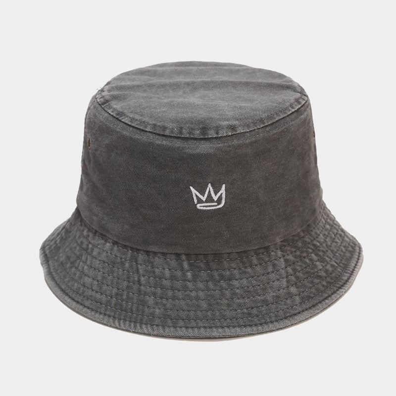 Unisex Pesty Made-old Bucket Hat Puuvillakruunukuvioinen Kirjonta Yksinkertainen Aurinkovarjohattu