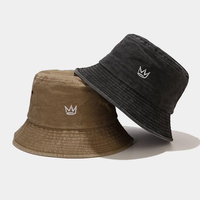 Unisex Pesty Made-old Bucket Hat Puuvillakruunukuvioinen Kirjonta Yksinkertainen Aurinkovarjohattu