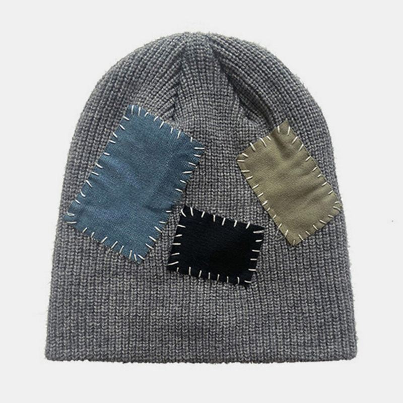 Unisex Pipo Hatut Neulottu Väri Kontrasti Ommel Kangas Patch Vintage Warmth Landlord Cap Skull Cap