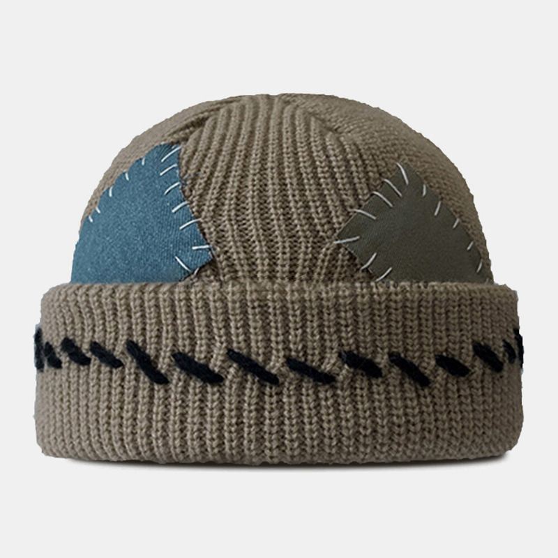 Unisex Pipo Hatut Neulottu Väri Kontrasti Ommel Kangas Patch Vintage Warmth Landlord Cap Skull Cap