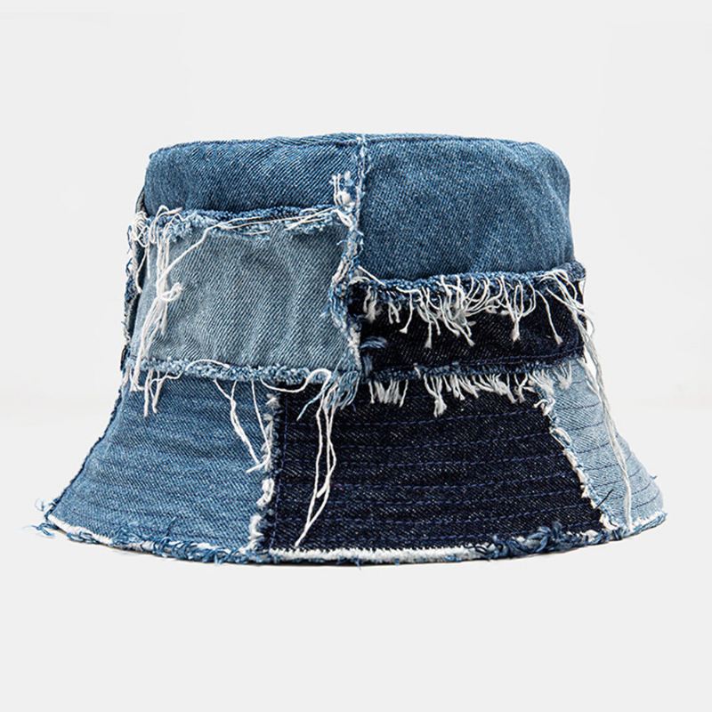 Unisex-ruudullinen Colorblock Denim Distressed Rispaantunut Reuna Rento Aurinkovarjo Taitettavat Tasaiset Hatut Ämpärihatut