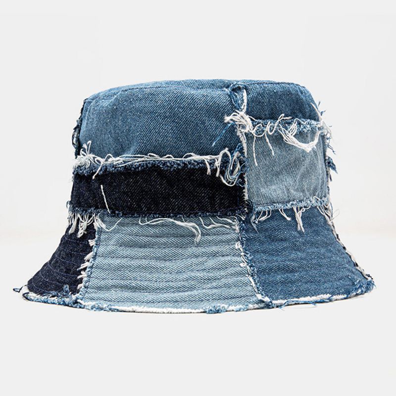 Unisex-ruudullinen Colorblock Denim Distressed Rispaantunut Reuna Rento Aurinkovarjo Taitettavat Tasaiset Hatut Ämpärihatut