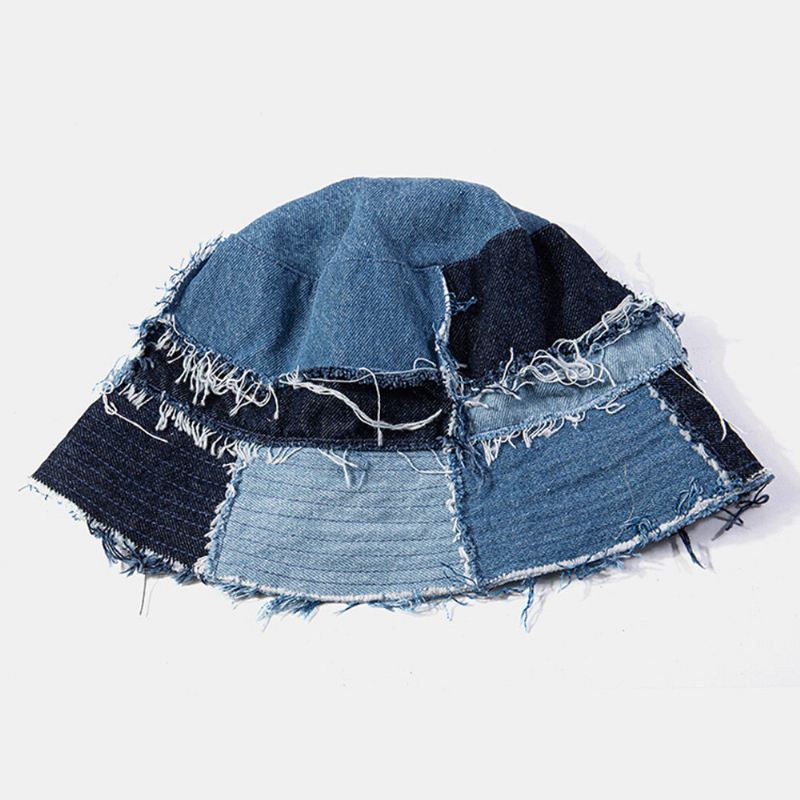 Unisex-ruudullinen Colorblock Denim Distressed Rispaantunut Reuna Rento Aurinkovarjo Taitettavat Tasaiset Hatut Ämpärihatut